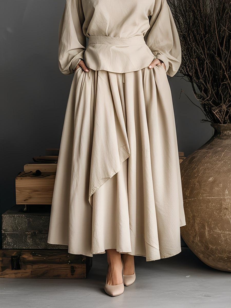 Women's Beige Cotton Blend Puff Sleeve Fitted Top And Skirt Set MDA2575K4T