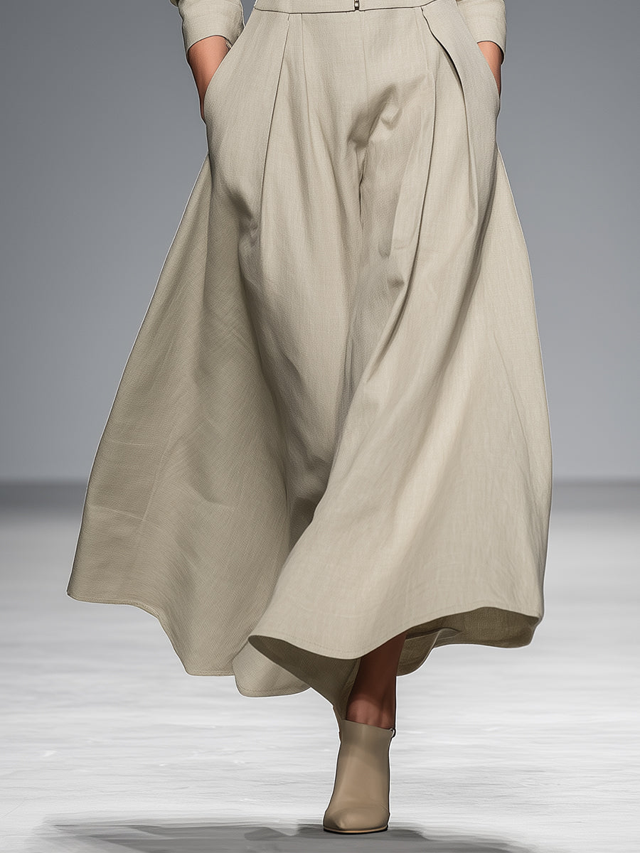 Women's Beige Cotton Linen Elegant Front Zipper Maxi Dress MDA2924K0I