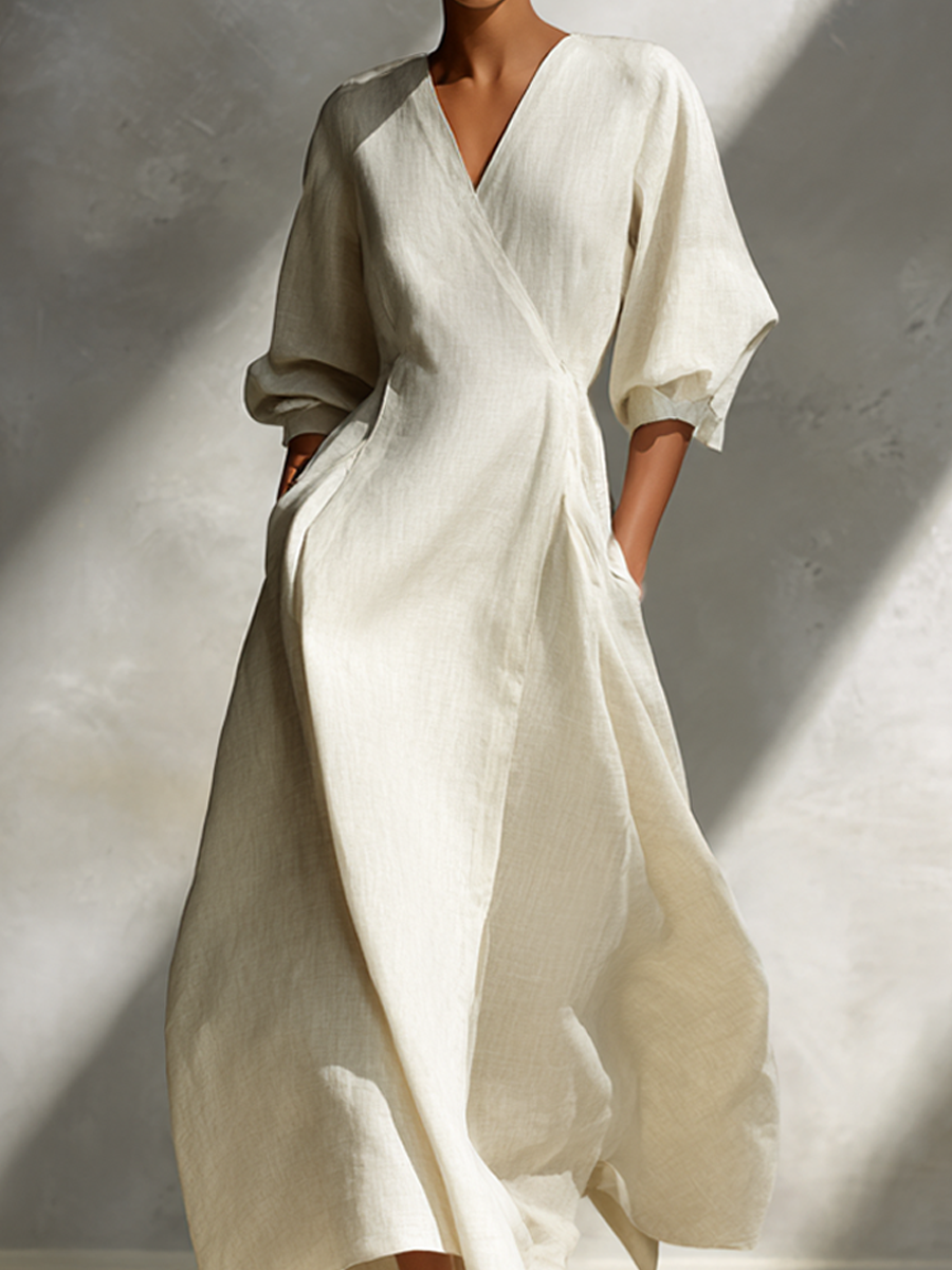 Women's Beige Linen Wrap-Style V-Neck Maxi Dress MDA0175L2AP
