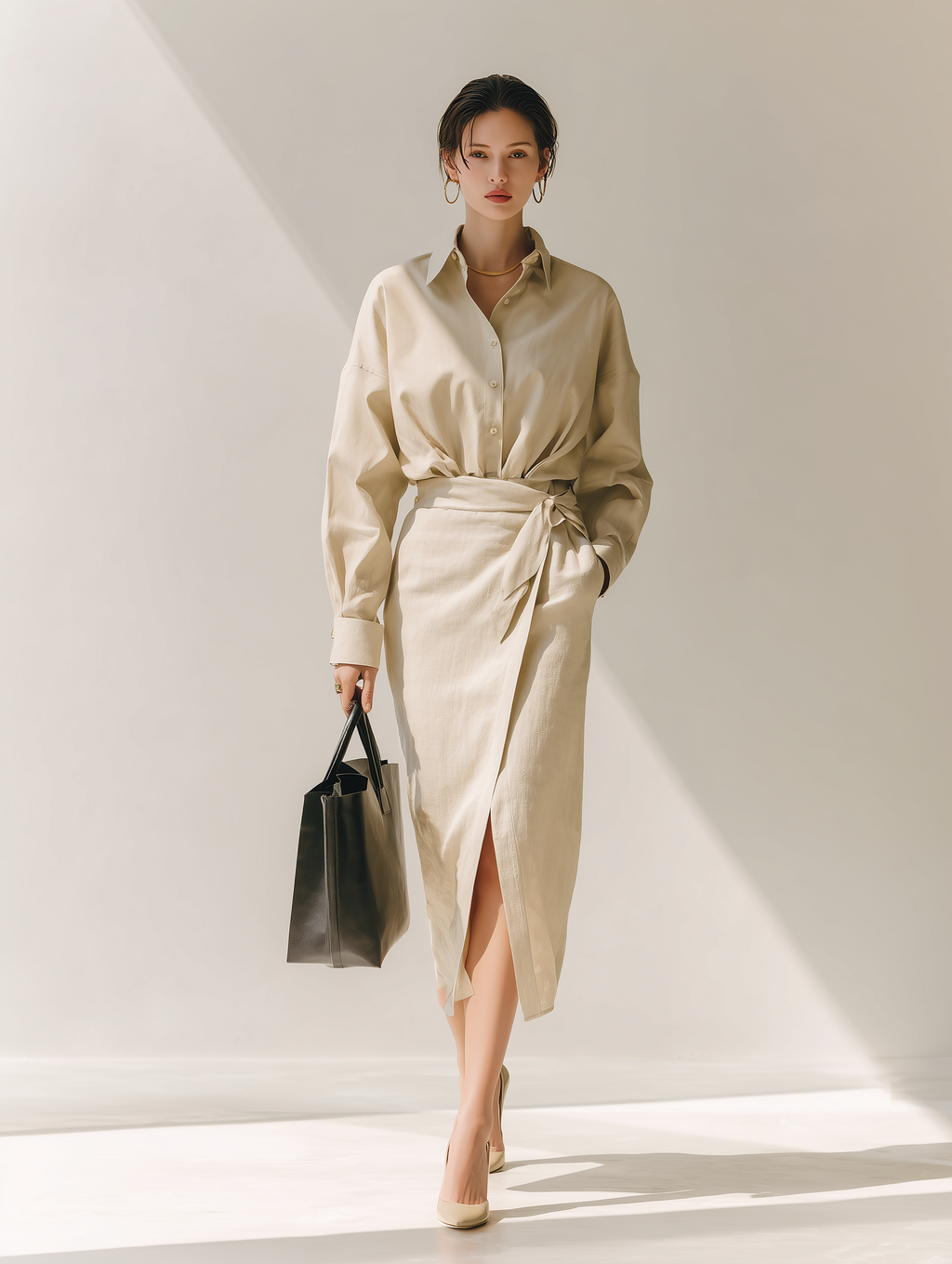 Women's Beige Cotton-linen Blend Shirt And Belted High-waisted Skirt Set MDA0419L4T