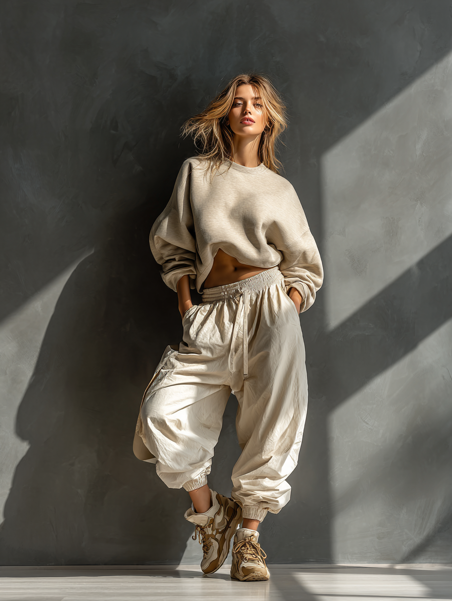 Women's Beige Cotton Loose-fitting Casual Sweatshirt And Drawstring Cargo Pants Set MDA2083K8T