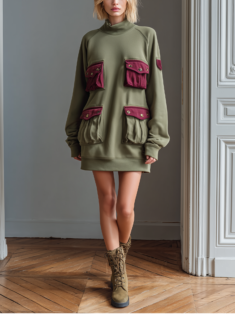 Women's Army Green Cotton Blend Color Block Pocket Casual Mini Dress MDA1979K5T