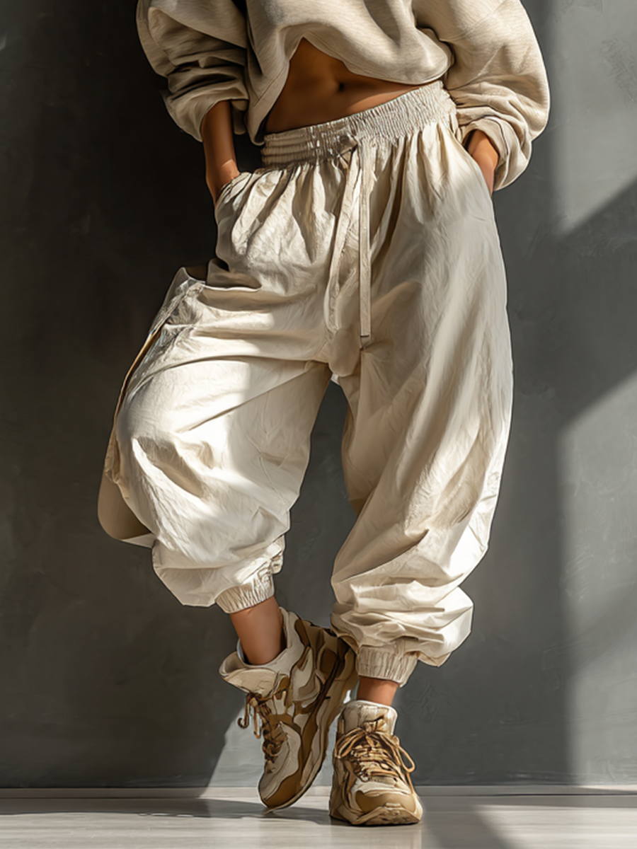 Women's Beige Cotton Loose-fitting Casual Sweatshirt And Drawstring Cargo Pants Set MDA2083K8T