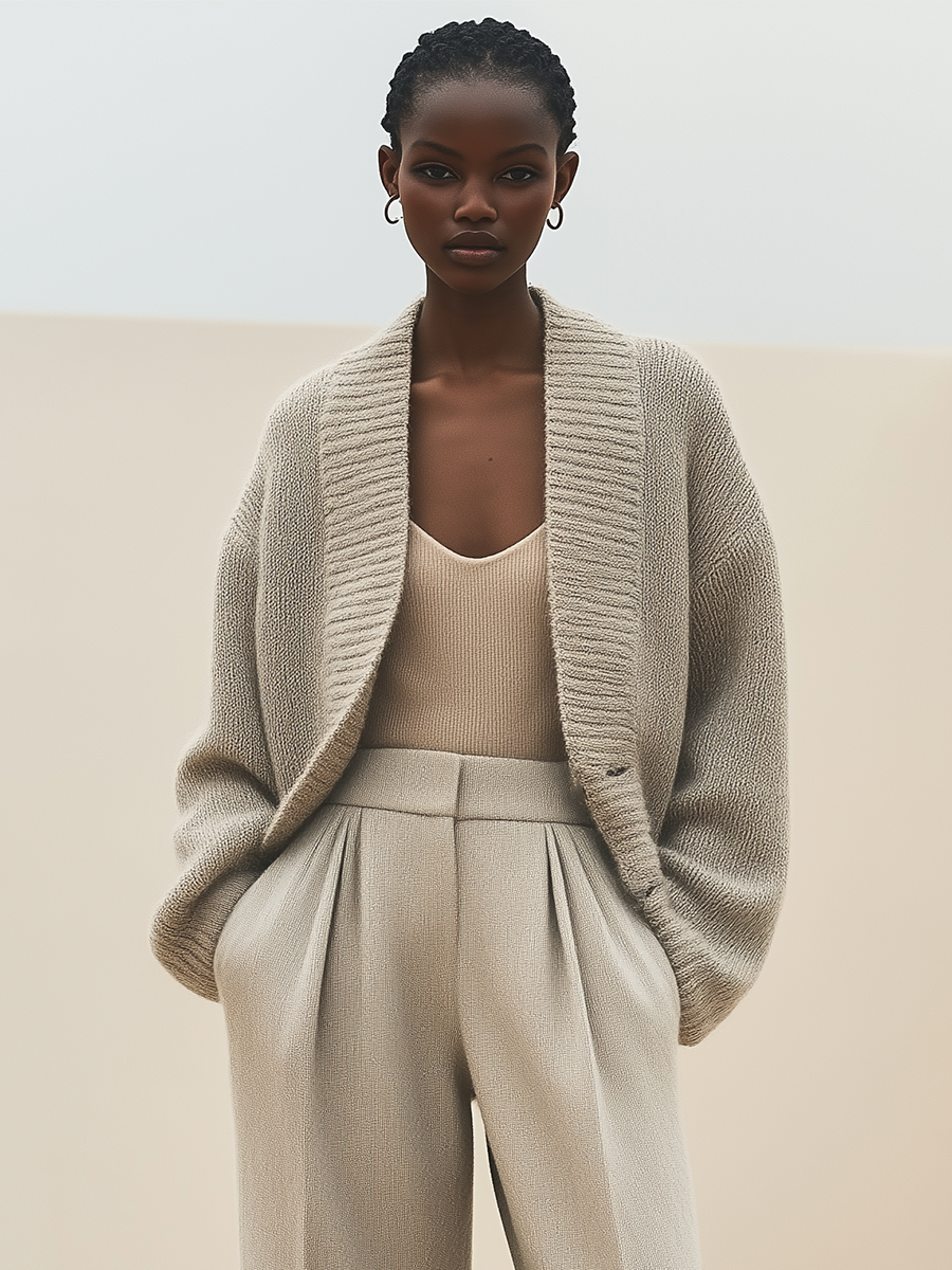 Women's Beige Knitted Loose Casual Cardigan MDA2572K6T