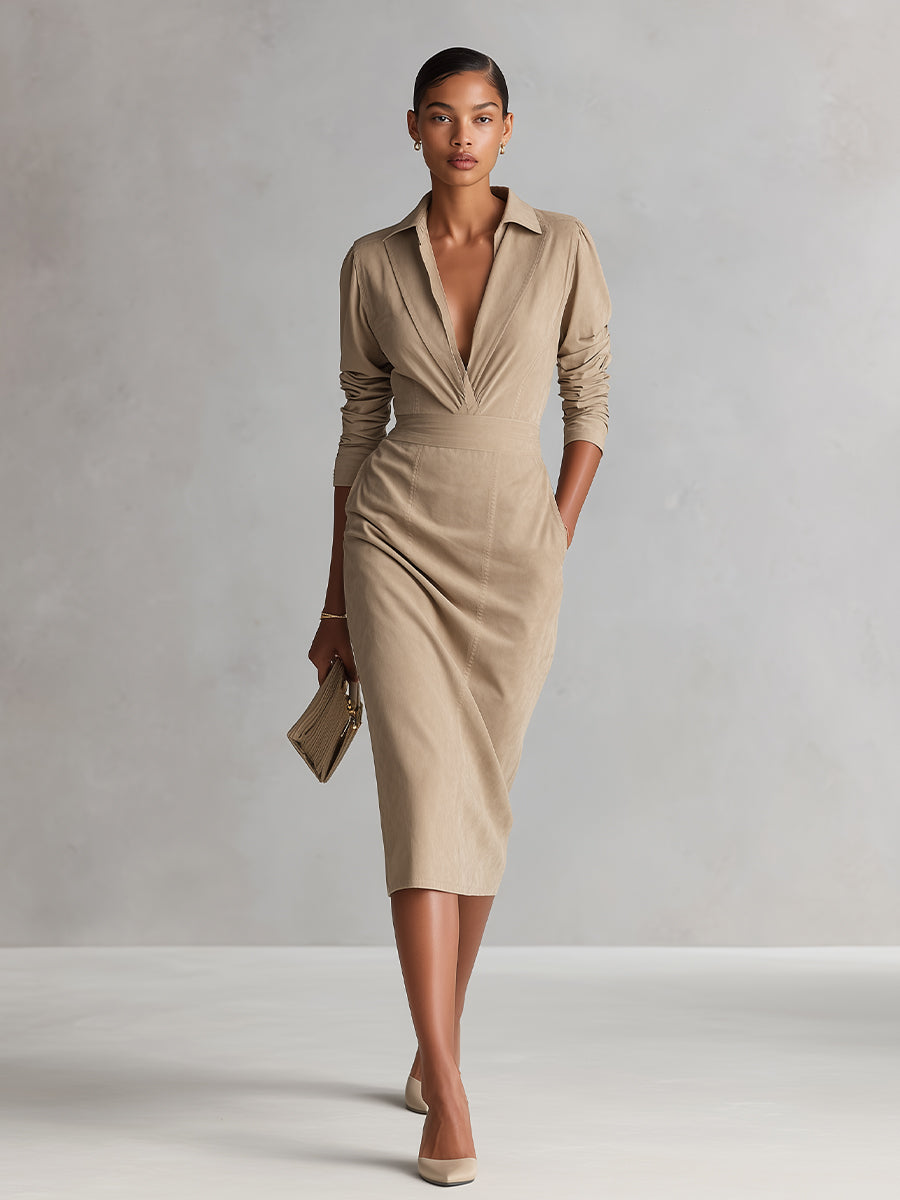 Women's Beige Faux Suede Woven Elegant Dress With Shirt Collar & Belted Waist Midi Dress MDA3001K0I