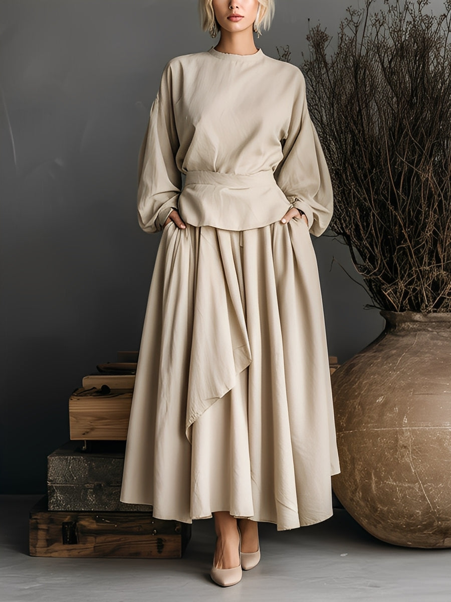 Women's Beige Cotton Blend Puff Sleeve Fitted Top And Skirt Set MDA2575K4T