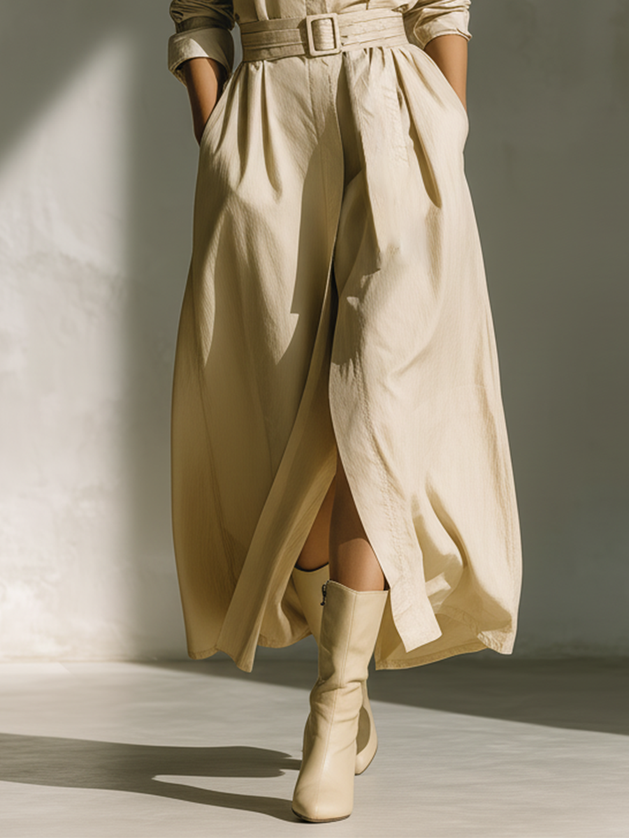 Women's Beige Cotton Blend Fitted Waist Tie Collar Shirt Dress MDA3050K0T